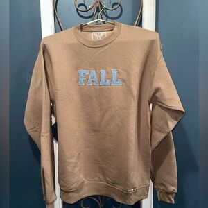 Brown Crewneck Sweater with Blue denim'FALL' Design